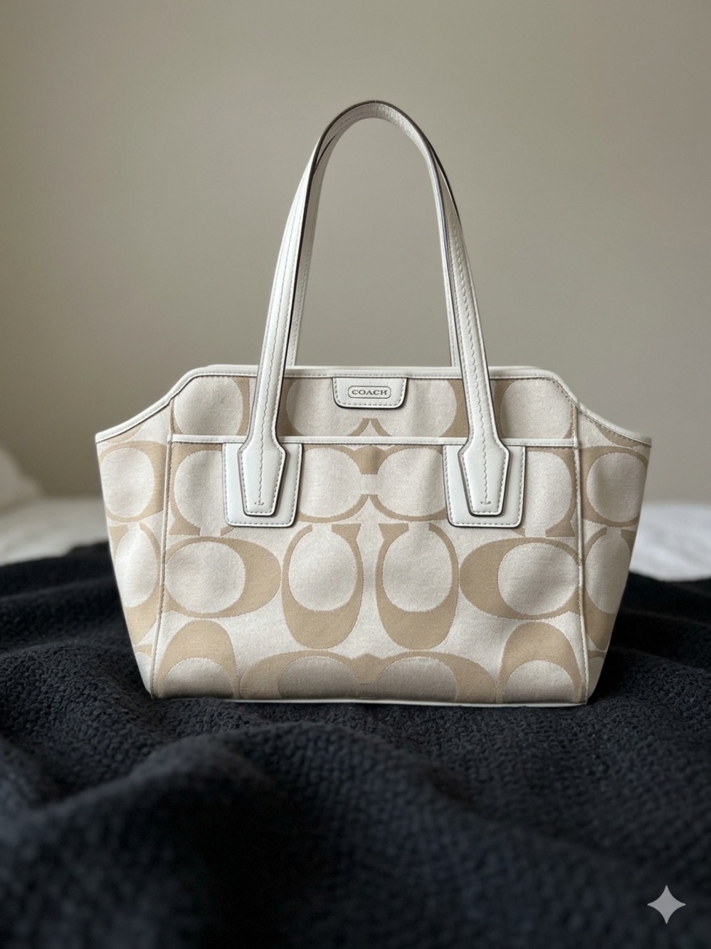 Coach Signature Canvas Tote in Beige with White Trim